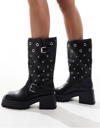 Jaanvi biker knee boots with eyelets in black