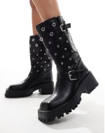 Jaanvi biker knee boots with eyelets in black