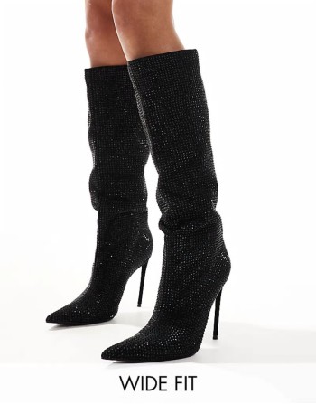 Lothario Wide Fit Diamante embellished stiletto pointed knee boots black