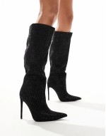 Lothario Wide Fit Diamante embellished stiletto pointed knee boots black
