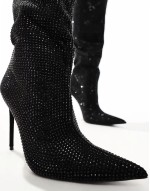 Lothario Wide Fit Diamante embellished stiletto pointed knee boots black