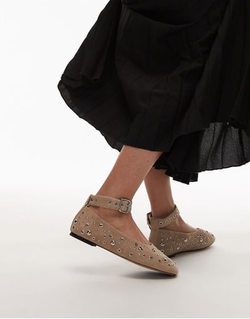 studded suede leather ballet flats with ankle strap in light beige