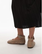 studded suede leather ballet flats with ankle strap in light beige