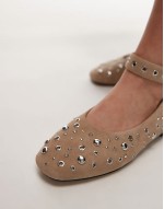 studded suede leather ballet flats with ankle strap in light beige