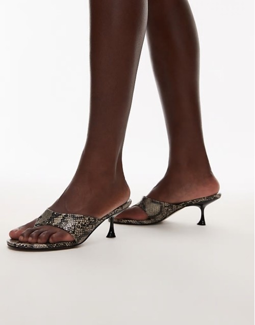 Isabella mid heel toe thong mule in snake