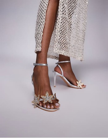 embellished starfish high heeled sandals in silver