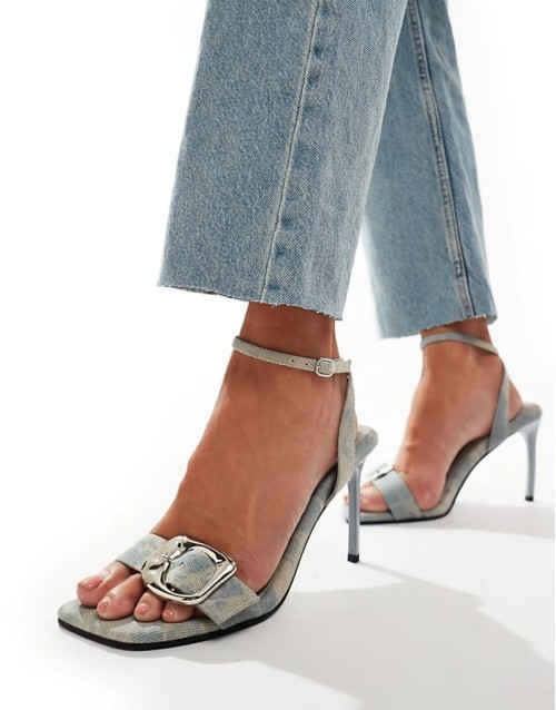 Noir buckle detail high heeled sandal in denim